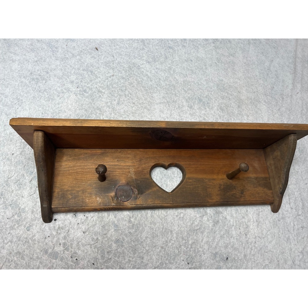 Vintage Rustic Wooden farm house  Wall Shelf  Heart Cutout Pegs 24" cottage
